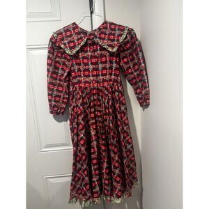 Vintage Mousefeathers Girls Red Plaid Floral LS Dress Sz 10 CottageCore 90s
